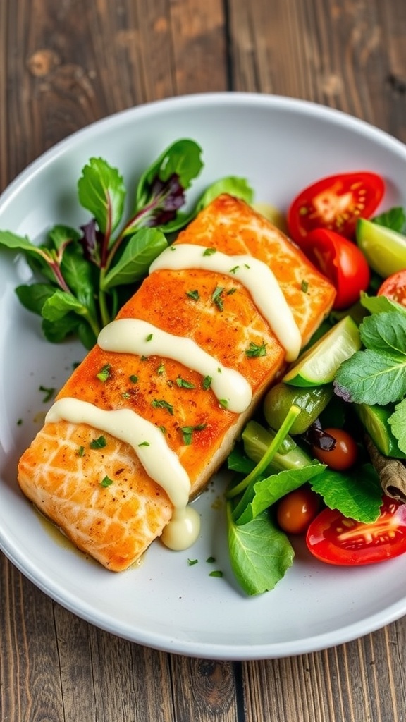 Air fryer salmon fillet with creamy mayo sauce and fresh herbs on a rustic table.